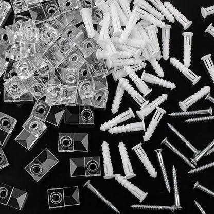 Mirror Holder Clips Kit,Crystal Clear Plastic Mirror Clip,Mirror Holder Clips Glass Retainer Clips Kit,Mirror Hanging kit with Screws and Fixed Mirror Box Door (Classic Style-100Sets)