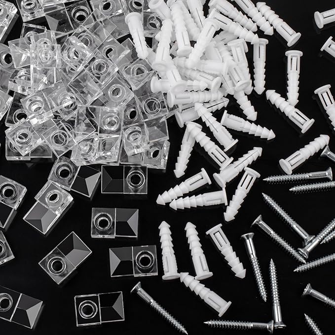 Mirror Holder Clips Kit,Crystal Clear Plastic Mirror Clip,Mirror Holder Clips Glass Retainer Clips Kit,Mirror Hanging kit with Screws and Fixed Mirror Box Door (Classic Style-50Sets)