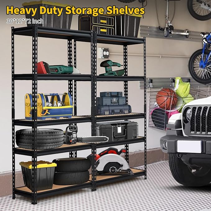 Garage Shelving Heavy Duty Storage Shelves 2000Lbs Capacity, 5 Tier Adjustable Metal Shelving Unit 30" W x 12" D x 60" H, Industrial Utility Rack for Kitchen Pantry