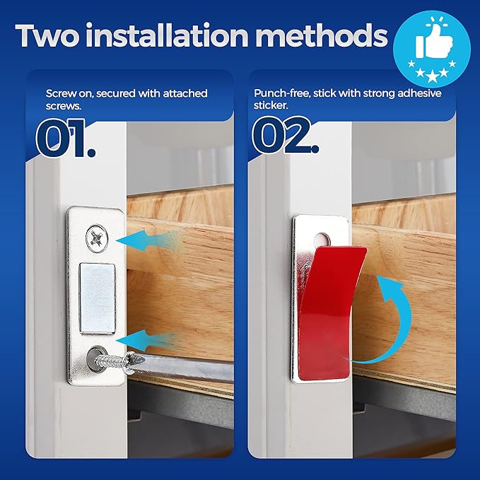 8 Pack Ultra Thin Cabinet Door Catch Stainless Steel Cabinet Magnetic Door Catch Cabinet Magnets Adhesive Drawer Latch Cabinet Magnetic Catch for Kitchen Closet Door Magnets Stick on Cupboard Wardrobe