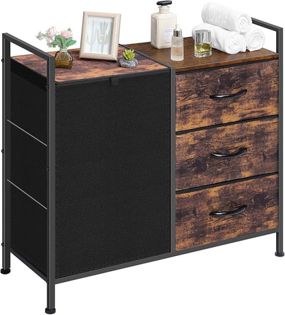 Laundry Hamper, Laundry Basket, Laundry Sorter with 3 Cloth Drawer and 1 Large Removable Dirty Clothes Bag, Shelf, Metal Frame, Wooden Tabletop, 30.8 x 11.3 x 29.1 Inches, Rustic Brown and Black