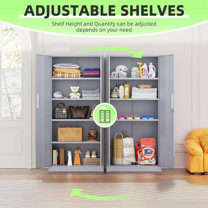 Bonusall 72" Metal Garage Storage Cabinet， Heavy-Duty Steel Cabinet with 2 Locking Doors & 5 Adjustable Shelves for Home, Office, or Workshop Organization(Cement Grey)