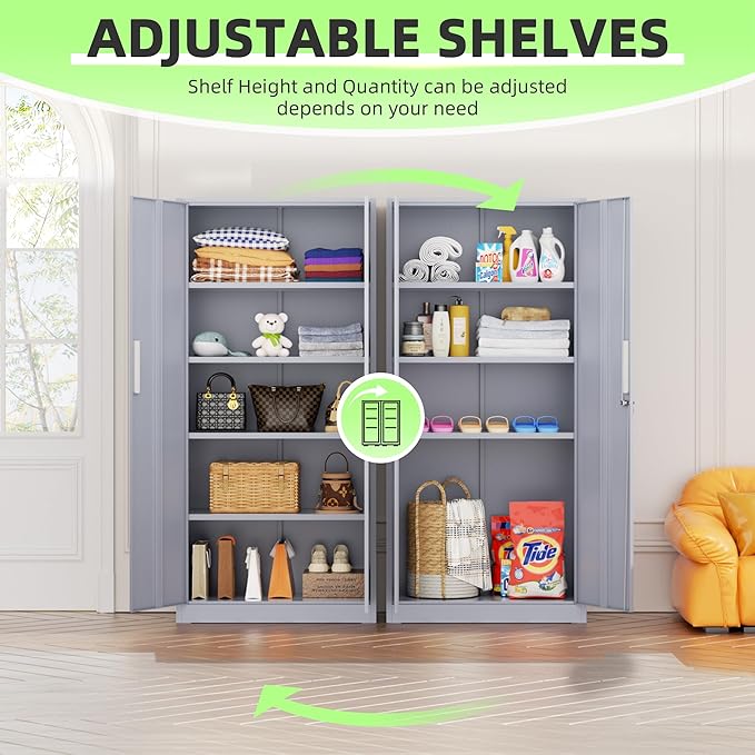 Bonusall 72" Metal Garage Storage Cabinet, 2 Locking Doors & 4 Adjustable Shelves Tall Storage, Heavy Duty Steel Tool Cabinet for Home, Office, Warehouse, School - Grey
