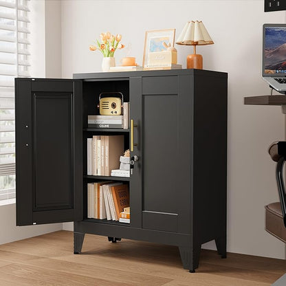 Black Metal File Cabinet with Lock (Two Units), Steel Storage Cabient with 2 Doors and 2 Adjustable Shelves, Multifunctional Locked Cabinet for Home/Office/Garage/Tool Room, Accent Furniture