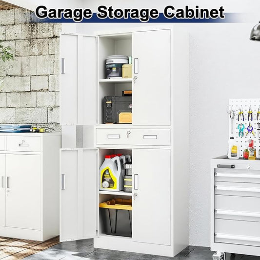 BESFUR Metal Garage Storage Cabinet with a Drawer Locking Doors and 2 Adjustable Shelves, White Tall Storage Cabinets, Tool File Lockable Cabinet for Garage Office Warehouse Shop(71”H)