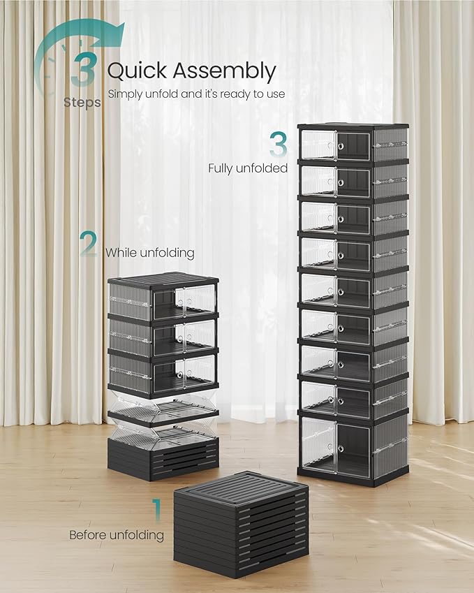 SONGMICS Foldable Shoe Storage Organizer for Closet, Stackable Sneaker Cabinet with Magnetic Door, Large Plastic Container Bins for Entryway, 9-Tier for 18 Pairs, Transparent and Ink Black ULSP918BH01