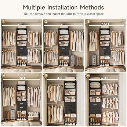 W2 Closet System with 2 Drawers, 3.5FT-7.7FT Closet Organizer System with 4 Chrome-Plated Telescopic Rods & 5 Adjustable Shelves, Custom Wood Walk-In Closet Clothing Rack, Black