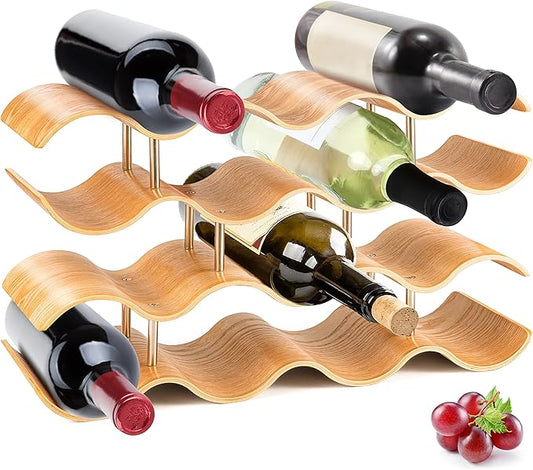 NutriChef Bamboo Wine Rack - 4 Tier Countertop Shelf with Slots That Holds 14 Bottles, Unique Stackable Wooden Holder, Save Space for Cabinet, Kitchen and Pantry, Modern Contemporary Wave Design