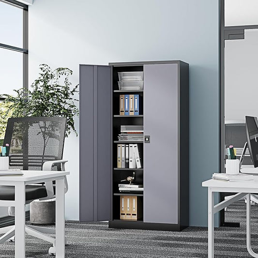 71” Tall Metal Storage Cabinet- Steel File Cabinets with Lockable Doors and Adjustable Shelves-Black&Gray Steel Storage Cabinet for Home,Kitchen, School, Office, Garage