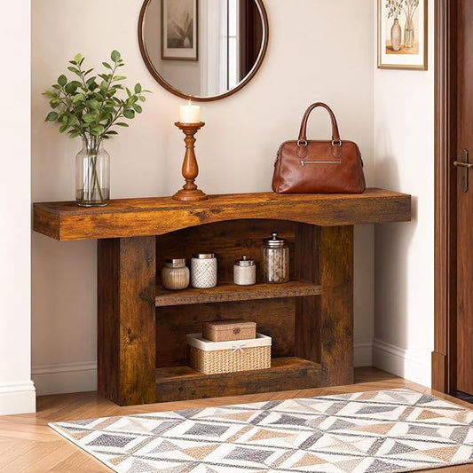 63 Inch Entryway Table Three-Shelf Cabinet, Wooden Console Table with Socket Farmhouse Sofa Table for Entrance, Hallway, Living Room,Behind Couch(Rustic Brown)