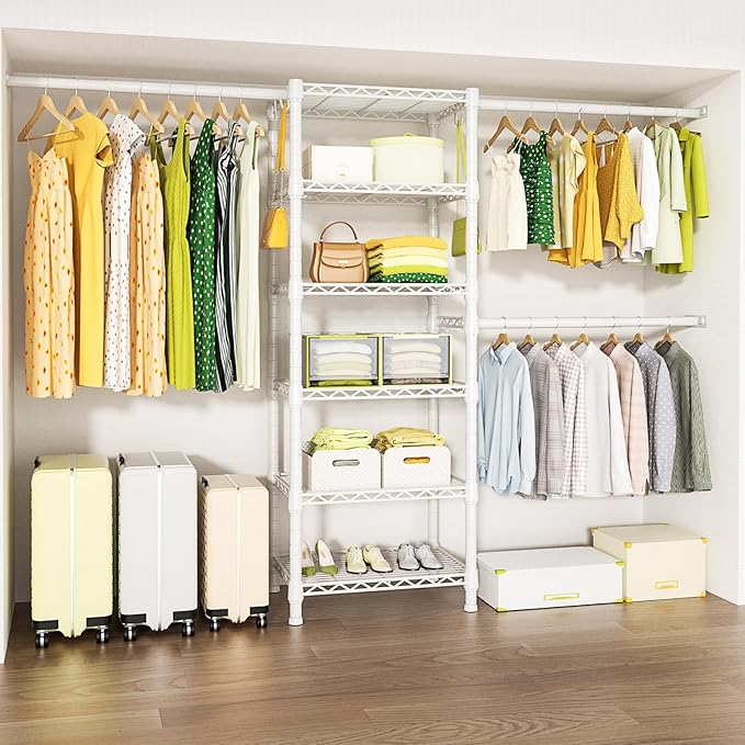 Ulif M5 Wall Mounted Clothes Garment Rack, Heavy Duty Closet Storage and Organizer with 6 Shelves and 3 Expandable Hanger Rods, Space Saver Suit (46.2-102.4)" W x 14" D x 83.1" H, White