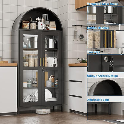 78.74" H Metal Arched Cabinet with Lock and LED Light Strip, Metal Display Cabinet with Glass Doors and Adjustable Shelves,Suitable for Dining Room, Home, Assembly Required,Black