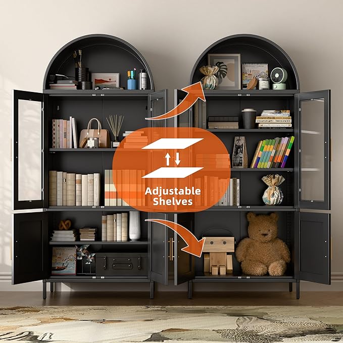 Metal Arched Bookcase Cabinet with 4 Doors,Arched Kitchen Pantry Cabinet for Home Office Living Room,Required Assembly,Black