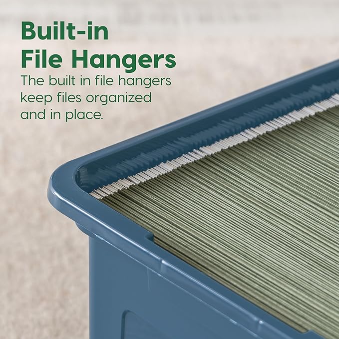 IRIS USA File Box Plastic File Organizer for Letter/Legal File, Document Box, Durable Storage Bin Tote with Secure Latching Lid, Stackable, BPA-Free, Eco Friendly, Sustainable, Navy/Gray 35 Qt. 4 Pack