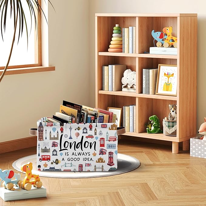 London Themed Storage Basket, Collapsible Souvenir Bin with Handles for London Lovers -Red Bus & Big Ben Print Organizer for Travel Keepsakes, Kids Room, London Travel Gifts