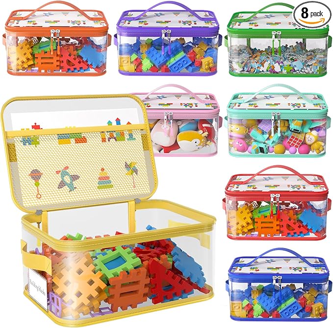 8 Packs Large Toy Storage Bags with Labels, Reusable Clear PVC Board Game Storage, Travel Waterproof Toy Organizer Bags with Name Tag and Manual Pocket for Building Blocks, Puzzle, Kids Books