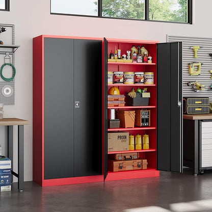 Yizosh Metal Garage Storage Cabinet with Lock Doors and 5 Shelves,- 71" Heavy Duty Steel Locking Tool Cabinet for Garage,Office,School (Red Black)