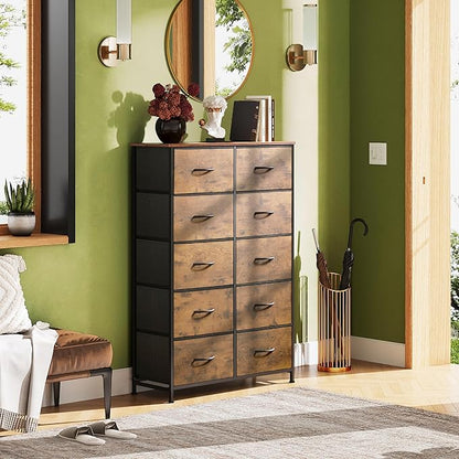 WLIVE Tall Dresser for Bedroom with 10 Drawers, Fabric Dresser for Closet, Storage Tower with Cabinet, Metal Frame, Rustic Brown Wood Grain Print