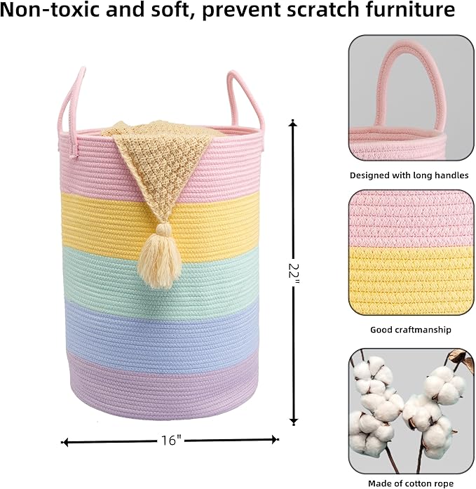 Rope Laundry Basket Hamper for Kids Girl Woven Storage Basket for Living Room Bedroom Boho Tall Baskets for Blanket Toys Pillow Towels Baby Nursery Hamper Bin rainbow Large