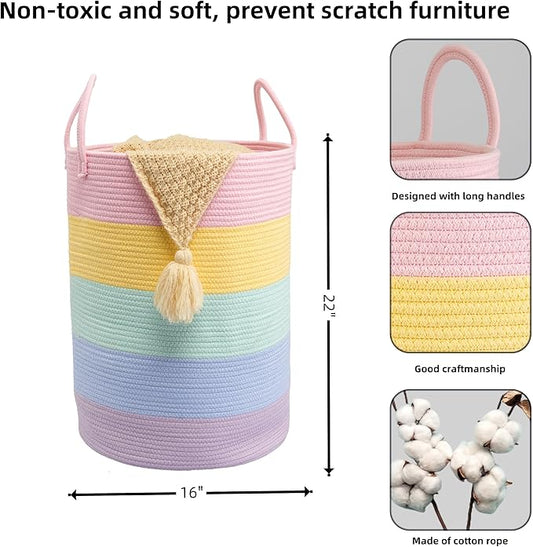 Rope Laundry Basket Hamper for Kids Girl Woven Storage Basket for Living Room Bedroom Boho Tall Baskets for Blanket Toys Pillow Towels Baby Nursery Hamper Bin rainbow Large