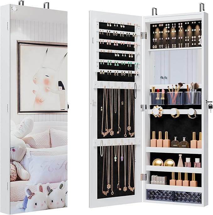 Mirror Jewelry Cabinet,Lockable Wall or Door Mounted Jewelry Armoire Organizer With Built-up Mirror,LED Lights, Drawers,Cosmetic Trays,Shelves, 14.4"x3.15"x 43.1"（White）