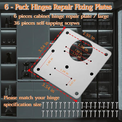 6 Pcs Cabinet Door Hinge Repair Plates, Cabinet Hinge Repair Board Replacement Kit, Metal Hinges Repair Fixing Plates with Screw for Kitchen Cupboard Door