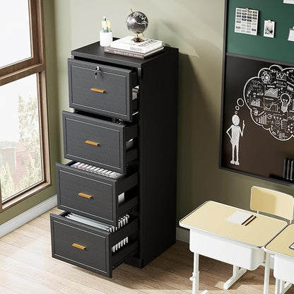 Tribesigns 4-Drawer File Cabinet with Lock, Locked File Cabinet with Key, Tall Wooden Filing Cabinets for Home Office, Vertical Office Storage for Legal Size/Letter/A4/Files, Black (2 Pieces)