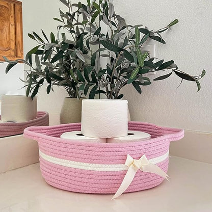 CHICVITA Pink Baby Girl Gift Basket, Small Woven Rope Basket, Rectangle Shelf Baskets for Bathroom, Cute Nursery Storage Baskets for Toys, Diapers, Towels, Snacks, 13 x 9.8 x 5 inches