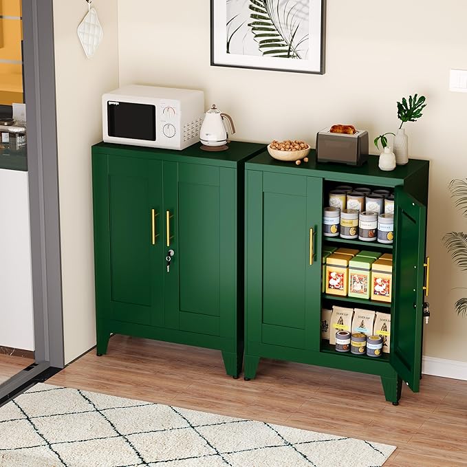 Green Metal Pantry Cabinet (Two Units), Sideboard Buffet Storage Cabient with Doors and 2 Adjustable Shelves, Multifunctional Kitchen Cupboard for Home Office, Accent Furniture, Buffet Table