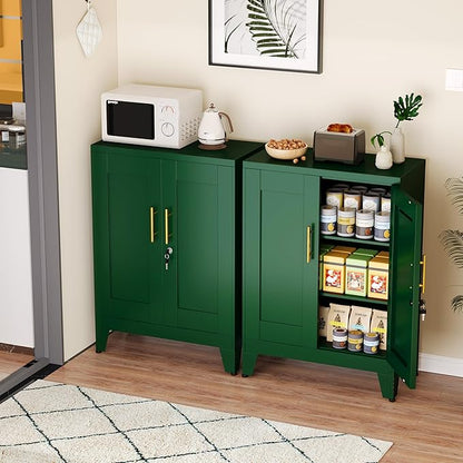 Green Metal Pantry Cabinet (Two Units), Sideboard Buffet Storage Cabient with Doors and 2 Adjustable Shelves, Multifunctional Kitchen Cupboard for Home Office, Accent Furniture, Buffet Table