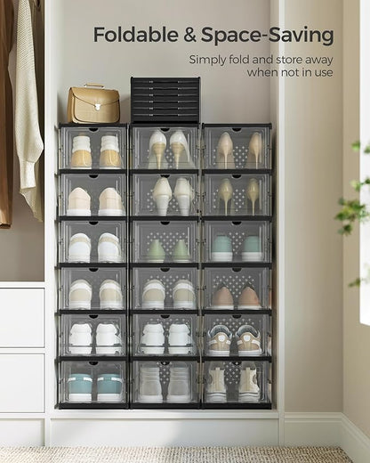 SONGMICS Foldable Shoe Boxes, Pack of 18 Stackable Shoe Storage Organizer, Set of 3 Integraed Shoe Cabinets, Portable, Fit up to US size 13, 60s Assembly, Transparent and Ink Black ULSP207B01