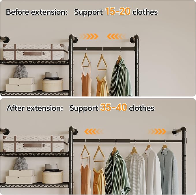 W3 Industrial Pipe Clothing Rack, Wall Mounted Clothes Rack Closet Wardrobe System with Expandable Hanger Rods Adjustable Storage Shelves, Heavy Duty Corner Walk-in Closet System, Black