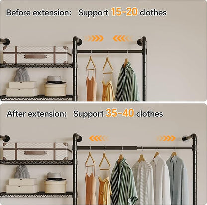 W3 Industrial Pipe Clothing Rack, Wall Mounted Clothes Rack Closet Wardrobe System with Expandable Hanger Rods Adjustable Storage Shelves, Heavy Duty Corner Walk-in Closet System, Black