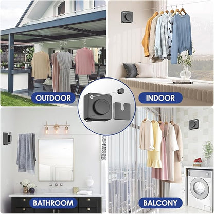 Retractable Clothesline Indoor, Non-Sagging Clothes Line Retracting Outdoors,15.6Ft Heavy Duty Clothes Drying Laundry Line, Wall Mounted Clothesline with 5pcs Stainless Steel Hooks (Grey)