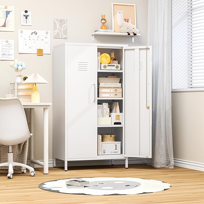 47.24" Metal Storage Locker with Lockable, Employees Metal Steel Locker with 2 Door ＆ 3 Adjustable Shelves, Small Locker Storage Cabinets for Home, School, Office, Gym (White)