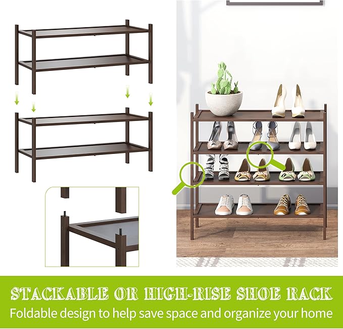 BMOSU 2-Tier Bamboo Shoe Rack Premium Stackable Shoe Shelf Storage Organizer for Hallway Closet Living Room Entryway Organizer(Brown)