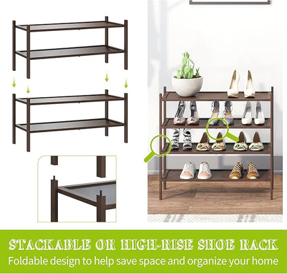 BMOSU 2-Tier Bamboo Shoe Rack Premium Stackable Shoe Shelf Storage Organizer for Hallway Closet Living Room Entryway Organizer(Brown)