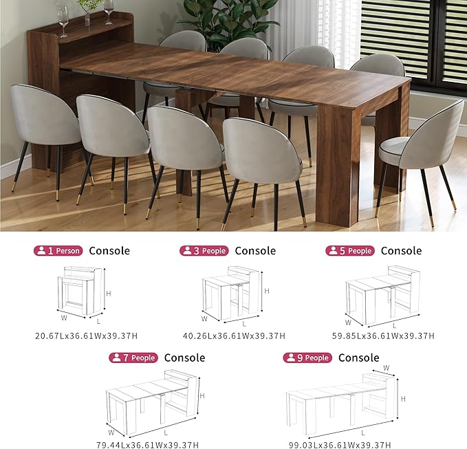 Extendable Folding Dining Table with Storage, 30”-88.4”L Expandable Rectangle Wood Table for 1–10 People, Space-Saving Modern Rustic Dining Room Kitchen Furniture, Walnut