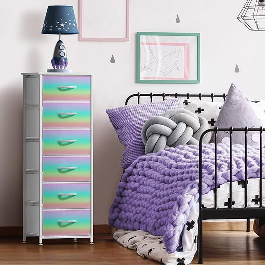 Sorbus Kids Dresser with 6 Drawers - Storage Chest Organizer Nightstand - Steel Frame, Wood Top, Tie-Dye Fabric Bins for Clothes - Wide Furniture for Bedroom, Hallway, Nursery, Closet, & Apartment