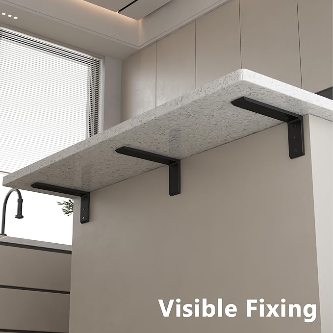 3-Pack 10 Inch Countertop Support Brackets, Heavy Duty L Brackets for Quartz/Wood/Laminate/Granite Countertops | 3/8" Thick Metal Steel | Frosted Black Powder Coated