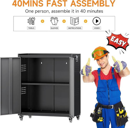 Metal Garage Storage Cabinet with Wheels, Adjustable Rolling Tool Storage Cabinet with Lock, 34" Steel Locking Tool Cabinet with Doors and Shelves for Garage, Warehouse (Black&Gray, 34.3" H)