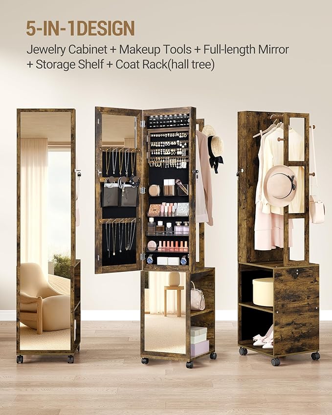 8 LEDs Jewelry Cabinet Armoire, 66.9-inch Jewelry Organizer with Garment Rack, Lockable Full-length Mirror with 4 Wheels, Storage Shelves with Hooks, 5-in-1, Toasted Oak JC17007B
