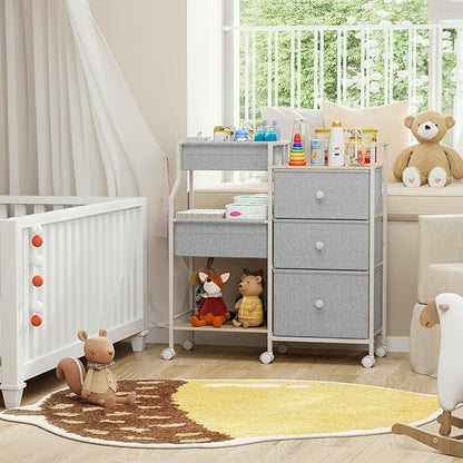 Baby Organizer and Storage - 3 Tier Rolling Cart with Dividers and Drawers, Easy To Assemble, Mobile Utility Cart with Wheels for Nursery, Bedroom, Changing Table & Crib,Light Gray