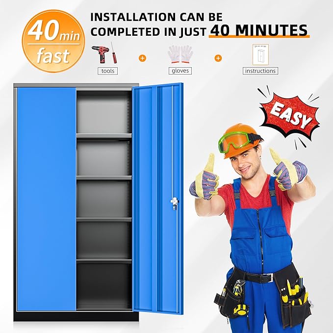 INTERGREAT Metal Storage Cabinet, 72” H Storage Cabinet with 2 Doors and 4 Adjustable Shelves for Office, Home, Garage, Pantry (Assembly Required, Black Blue)