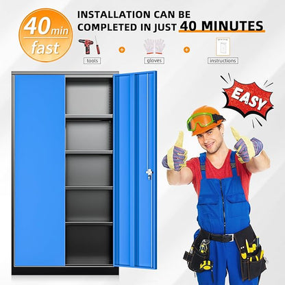 INTERGREAT Metal Storage Cabinet, 72” H Storage Cabinet with 2 Doors and 4 Adjustable Shelves for Office, Home, Garage, Pantry (Assembly Required, Black Blue)