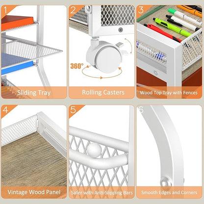 5-Tier Rolling File Cart with Hanging File Folders, Mobile Desk File Organizer on Lockable Wheels, Wood & Mesh Paper Letter Sliding Trays Organization for Office, Home, School, Patent