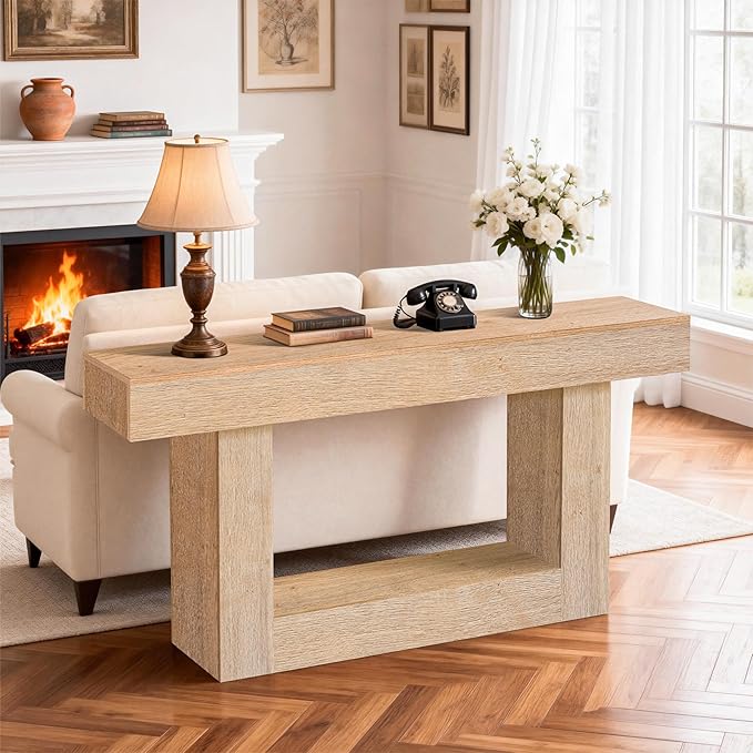 63 Inch Long Entryway Table U-Shaped Extension, Wooden Console Table with Socket Farmhouse Sofa Table for Entrance, Hallway, Living Room,Behind Couch((Oak Brown)