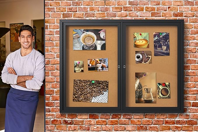 INNOVART Enclosed Bulletin Board 60”x36”, Lockable Cork Noticeboard with Black Aluminum Frame, Outdoor Enclosed Bulletin Board Weatherproof, Wall Display Case with Swing-Open Door Information Cabinet