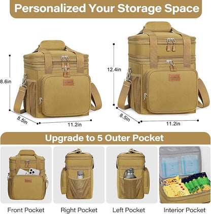 Expandable Large Lunch Box, Insulated Heavy Duty Lunch Bag Waterproof Leakproof Durable Cooler Bag for Men Women Adults Work Construction Camping Trip, 16L, Brown