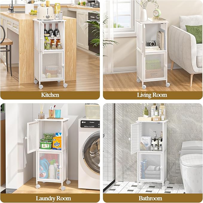Small Bathroom Storage Cabinet with Movable Wheels, Wooden Bathroom Standing Shelf with 2 Metal Doors, Slim Bathroom Storage Cart for Small Spaces, Laundry, Kitchen, Narrow stand Storage Unit, White